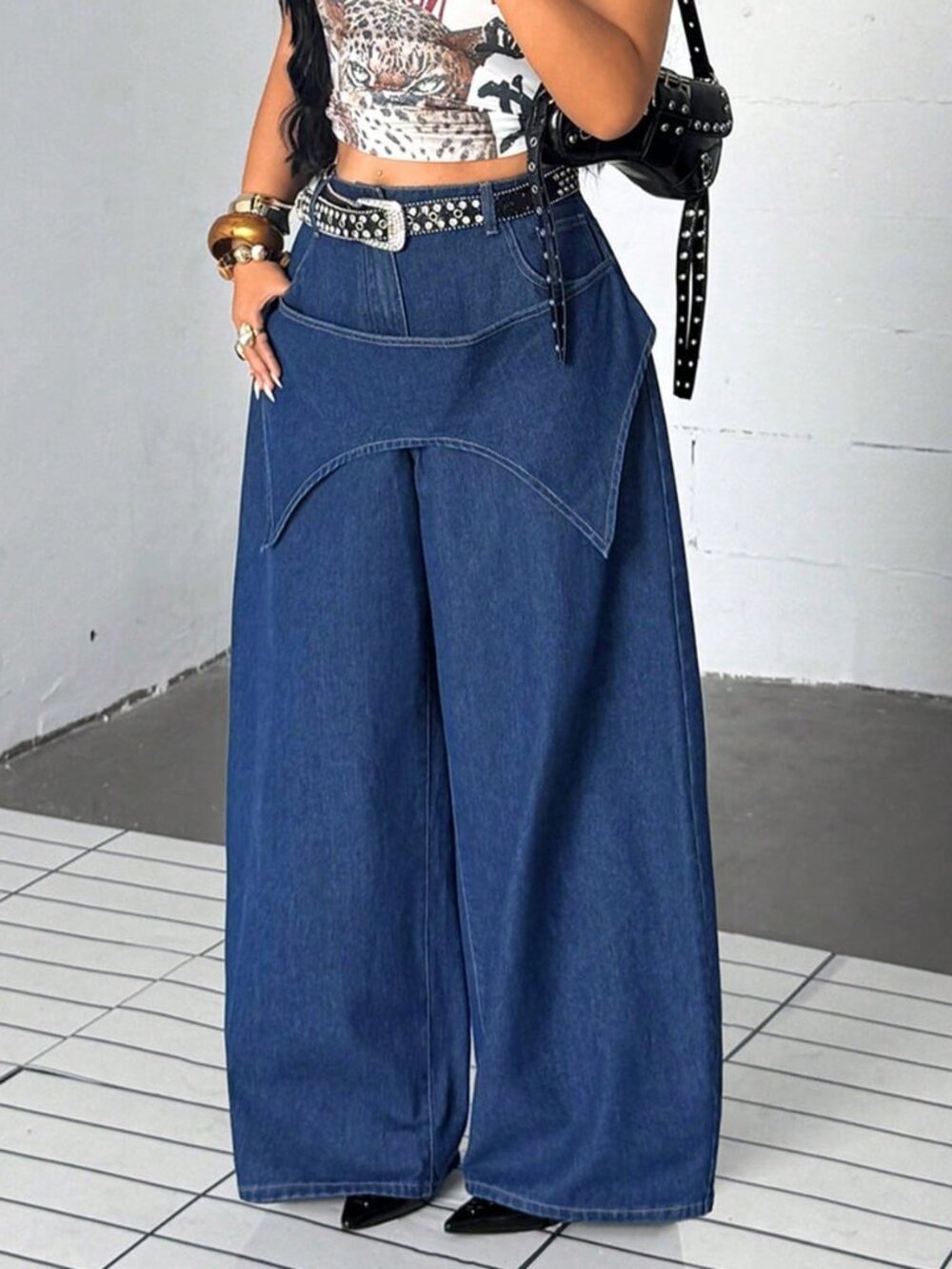 Medium Wash Casual Women's Button Pocket Zipper Fly Wide-Leg Long Baggy Jeans